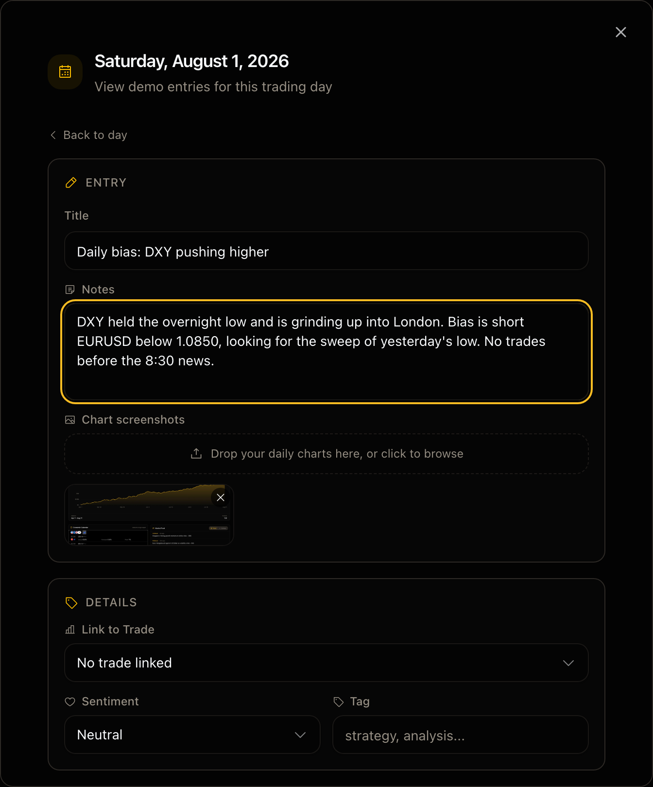 The calendar day note form with a chart screenshot attached below the notes