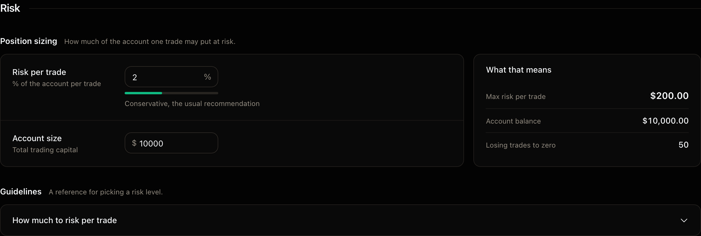 The Risk section of Settings with the inputs card on the left and the calculator figures on the right